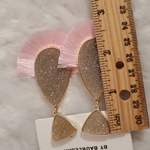 SUGARFIX  BaubleBar gray druzy teardrop pierced earrings with pink fringe - Picture 6 of 6